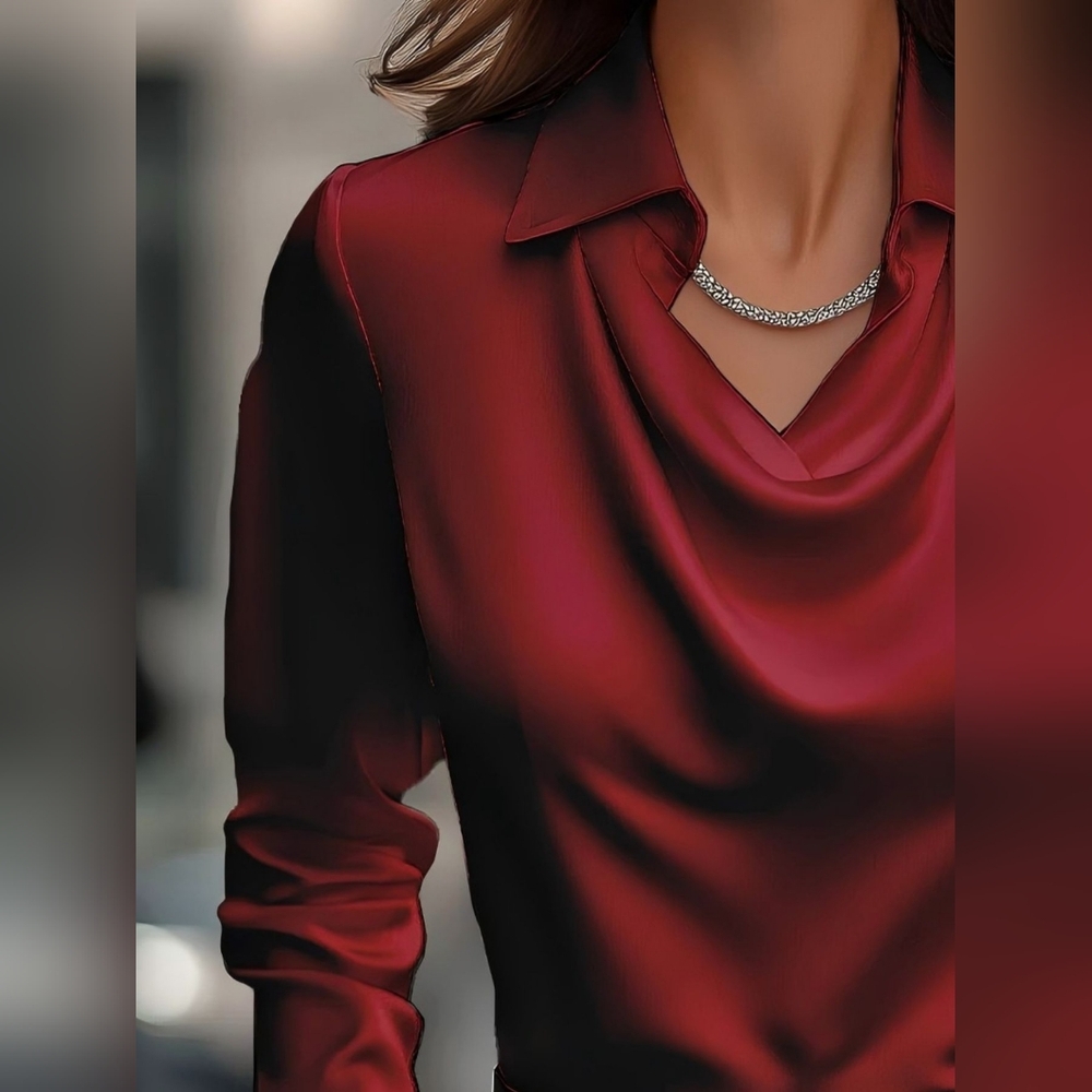 Elegant Collared Neck Women's Red Top - Picture 2 of 7